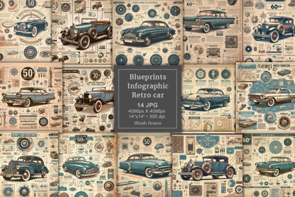 Download Blueprints Chart Retro Car Digital Paper - Retro Collection