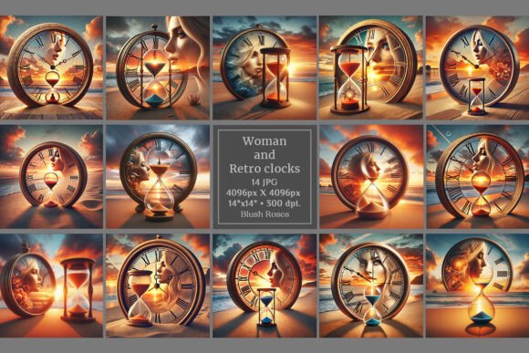 Download Double Exposition Woman and Retro Clocks - Retro Collection