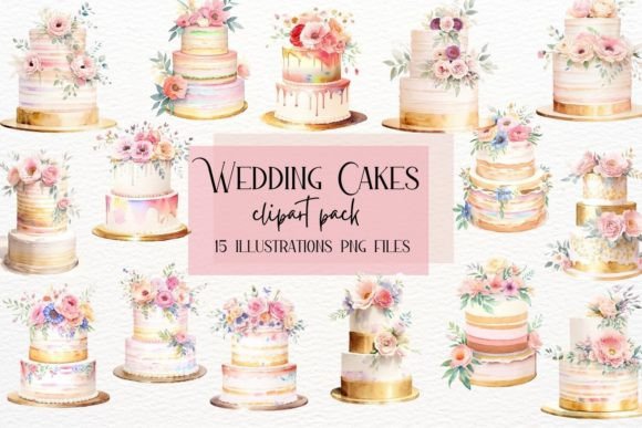 Download Watercolor Wedding Cakes, Gold Floral - Wedding Collection